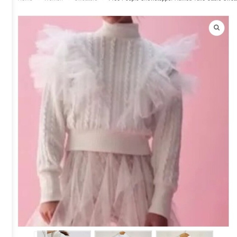 Free People White Showstopper Cable Knit Tulle Mock Neck‎ Sweater Sm Bridal